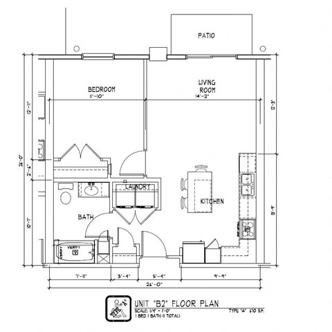 A floor plan of a unit B2 shows the layout of a bedroom, living room, kitchen, bathroom, and laundry area.